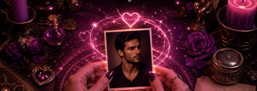 Rituel spirituel pour envoûter un homme avec sa photo, bougies, symboles mystiques et énergie d’amour