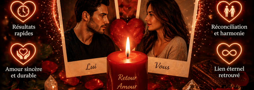 Illustration d’un rituel pour faire revenir son ex avec photo, bougies, cœur lumineux et ambiance romantique