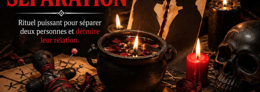 Rituel pour jeter un sort de séparation avec bougies noires, photo déchirée et objets symboliques pour rompre un couple