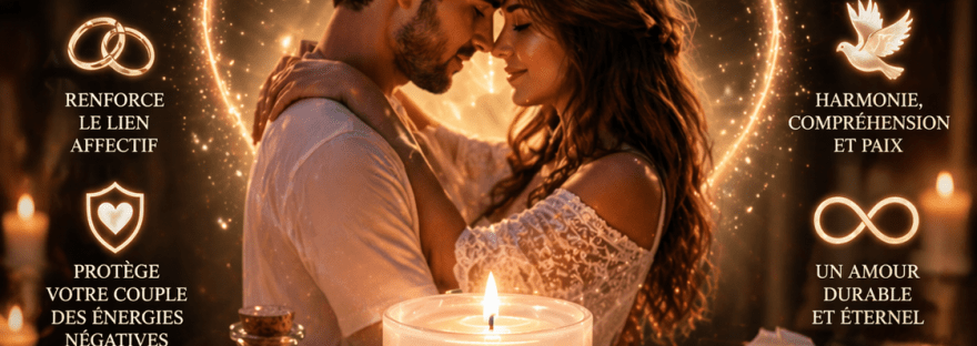 Illustration de magie blanche pour amour durable avec couple amoureux, bougies, cristaux et ambiance spirituelle