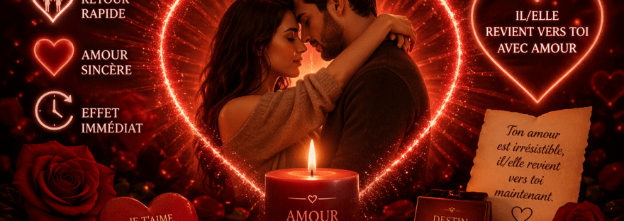 Illustration d’un rituel de retour affectif amoureux immédiat avec couple enlacé, bougies et ambiance romantique