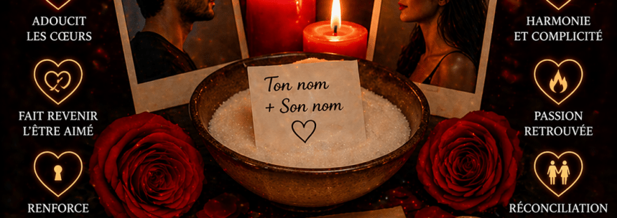 Illustration d’un rituel d’amour avec sucre avec bougies, roses, photos et ambiance romantique mystique