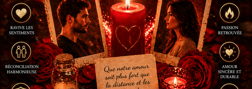 Illustration d’un rituel d’amour puissant pour reconquérir un ex avec bougies, cœur lumineux et ambiance mystique romantique