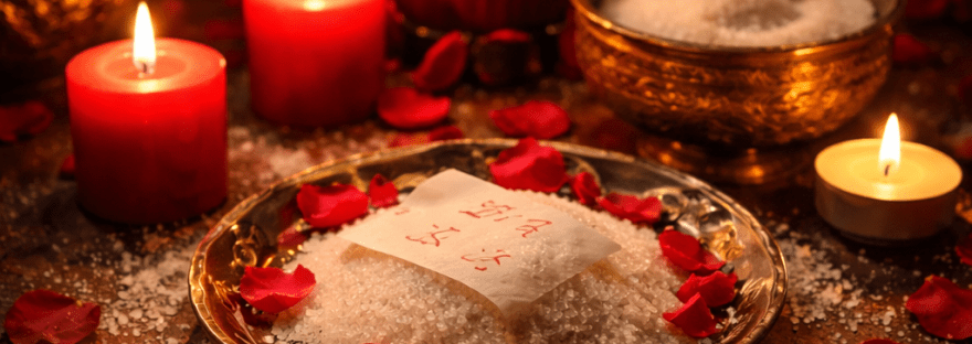 Rituel d’amour avec du sucre et bougies rouges dans un temple spirituel pour attirer et faire revenir l’être aimé