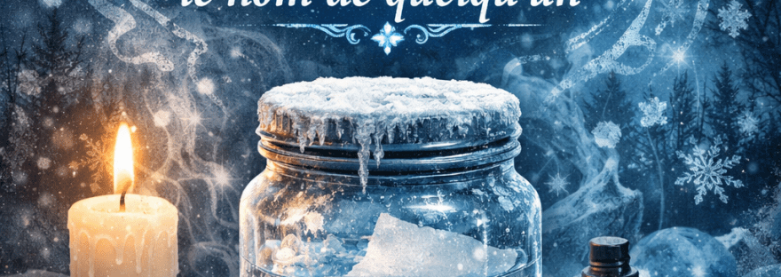 Illustration spirituelle d’un rituel pour congeler le nom de quelqu’un avec bocal glacé, bougie allumée et symboles mystiques