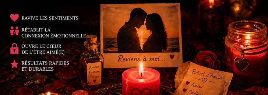 Rituel de retour affectif avec bougie rouge, photo de couple et pétales de rose pour faire revenir l’être aimé