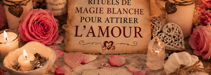 Rituels de magie blanche pour attirer l’amour avec bougies blanches, roses et objets spirituels