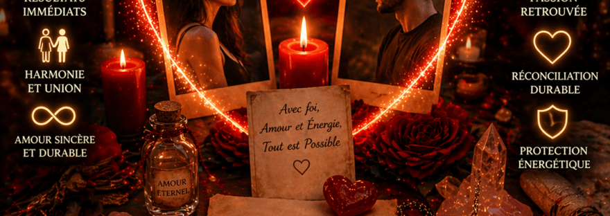 Illustration de rituels puissants pour un retour affectif immédiat avec photos, bougies, cœur lumineux et ambiance mystique