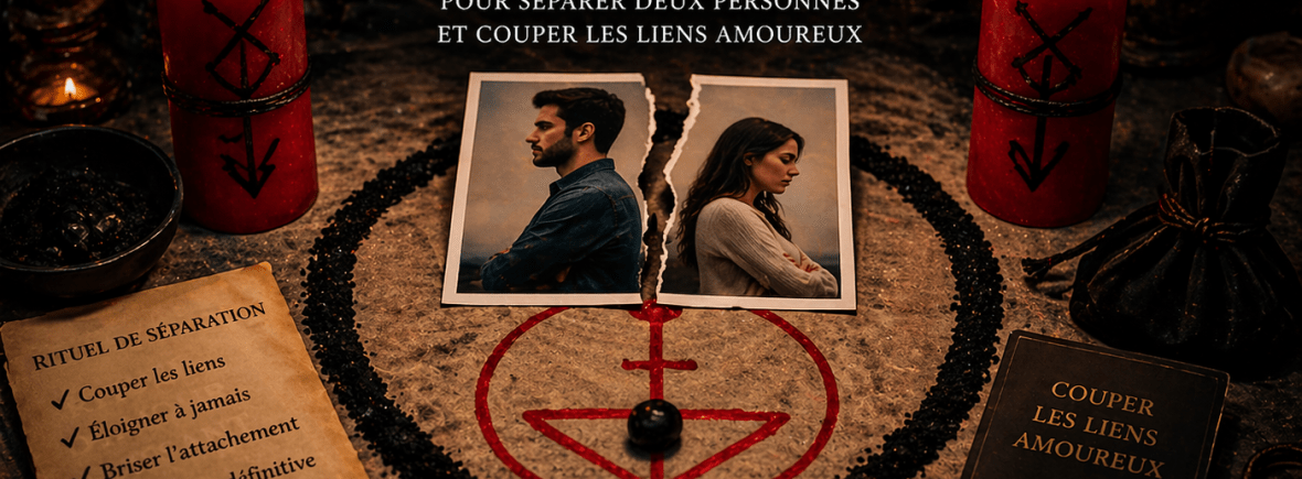 Rituel de séparation avec bougies, symbole mystique et photo déchirée pour couper les liens amoureux